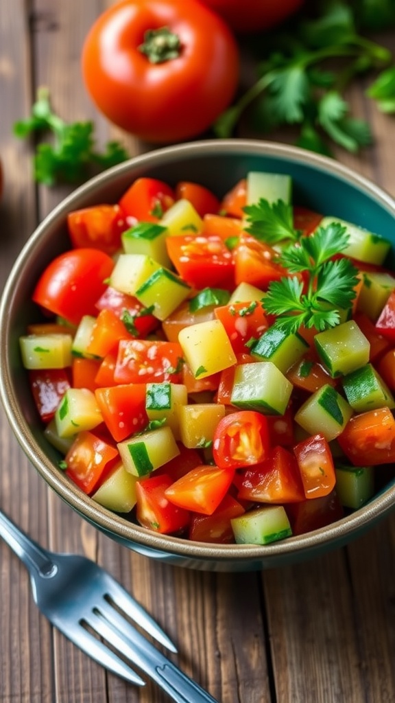 A colorful Israeli salad with tomatoes, cucumbers, bell peppers, and parsley in a bowl on a wooden table.